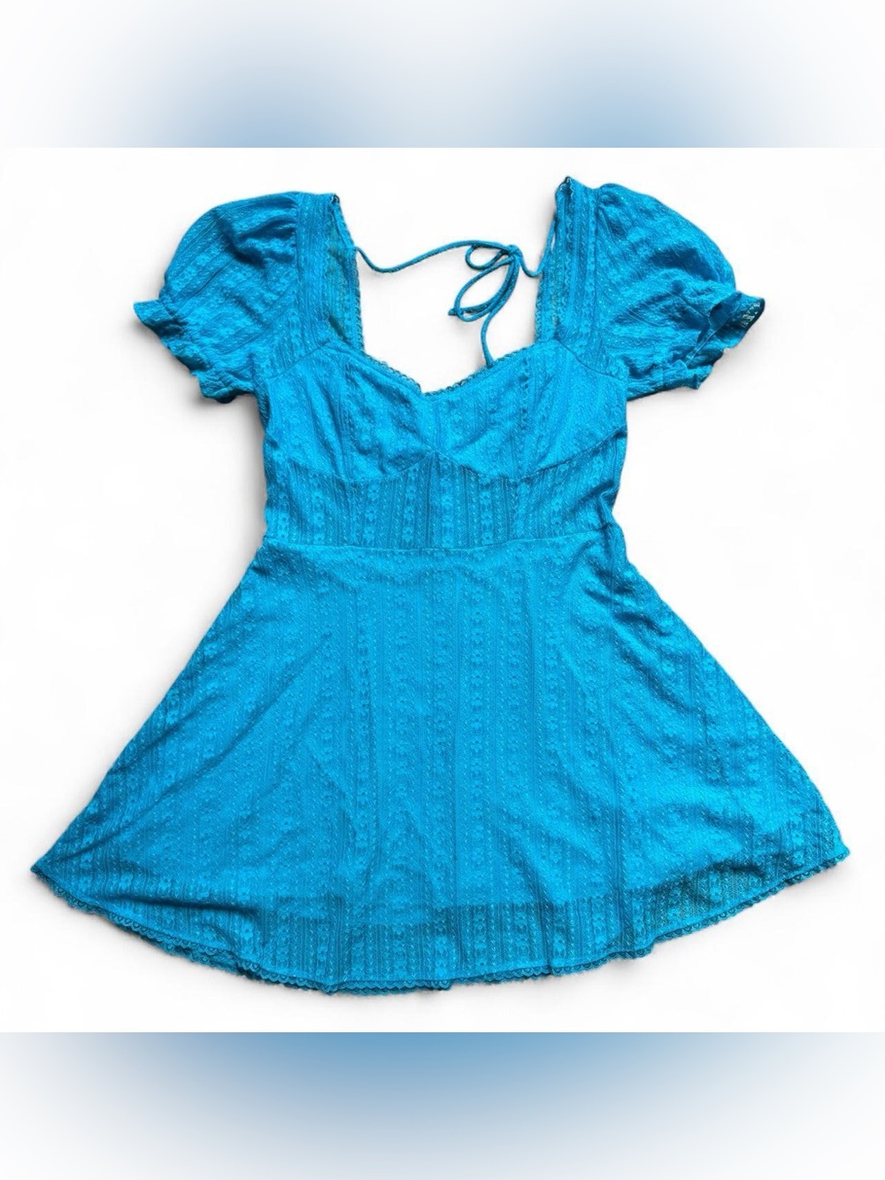 Urban Outfitters UO Roxie Turquoise Blue Lace Puff Sleeve Mini Dress